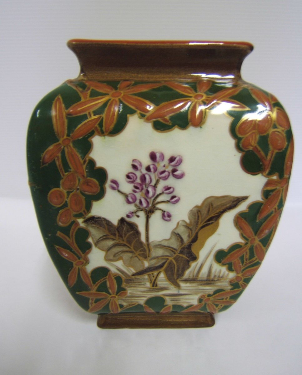 Vase Emaille Faience Kg Luneville Art Nouveau Decor Fleurs Peint Main 1880-photo-2