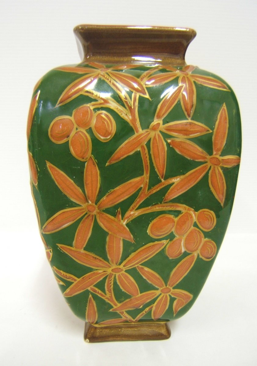 Vase Emaille Faience Kg Luneville Art Nouveau Decor Fleurs Peint Main 1880-photo-3