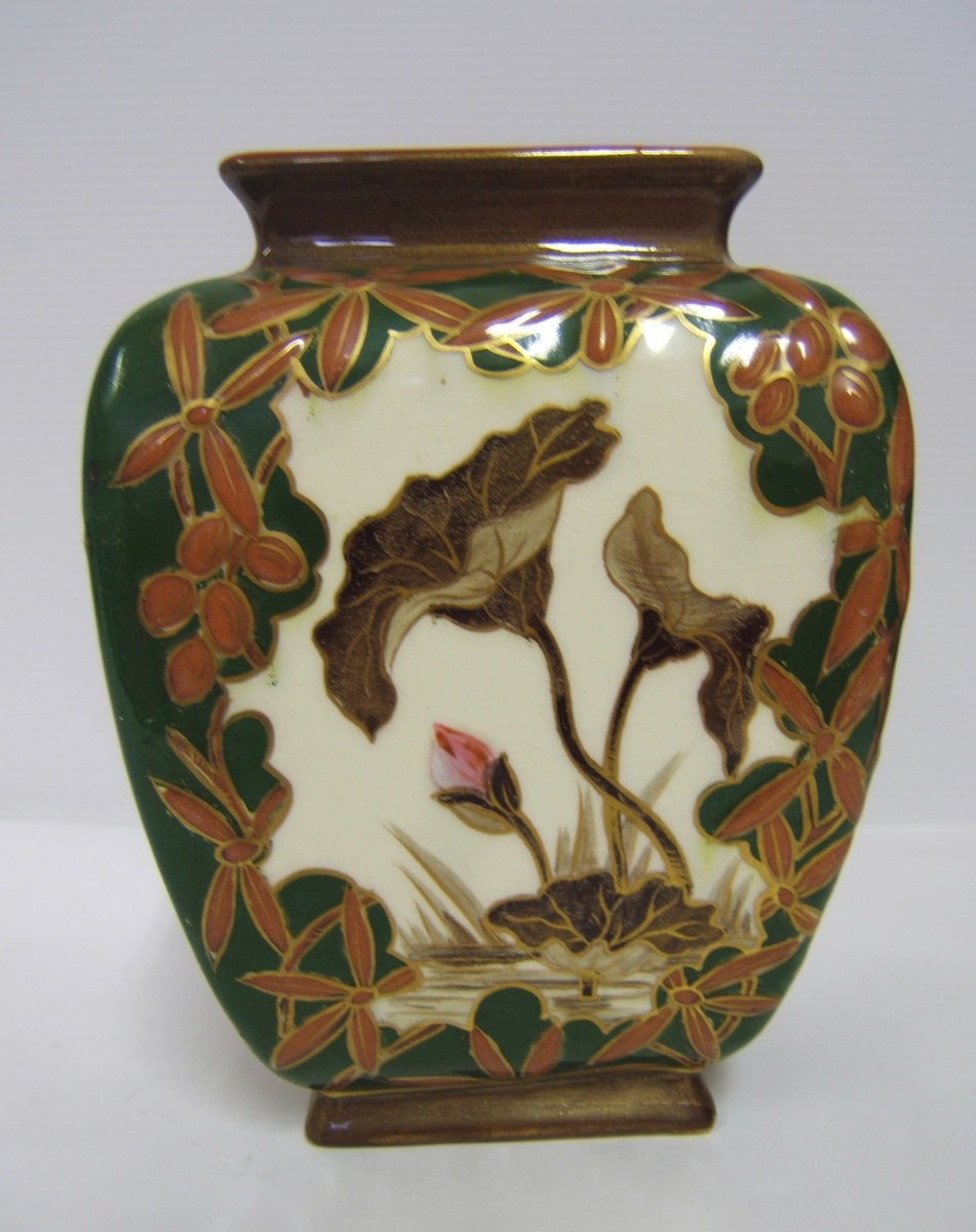 Vase Emaille Faience Kg Luneville Art Nouveau Decor Fleurs Peint Main 1880