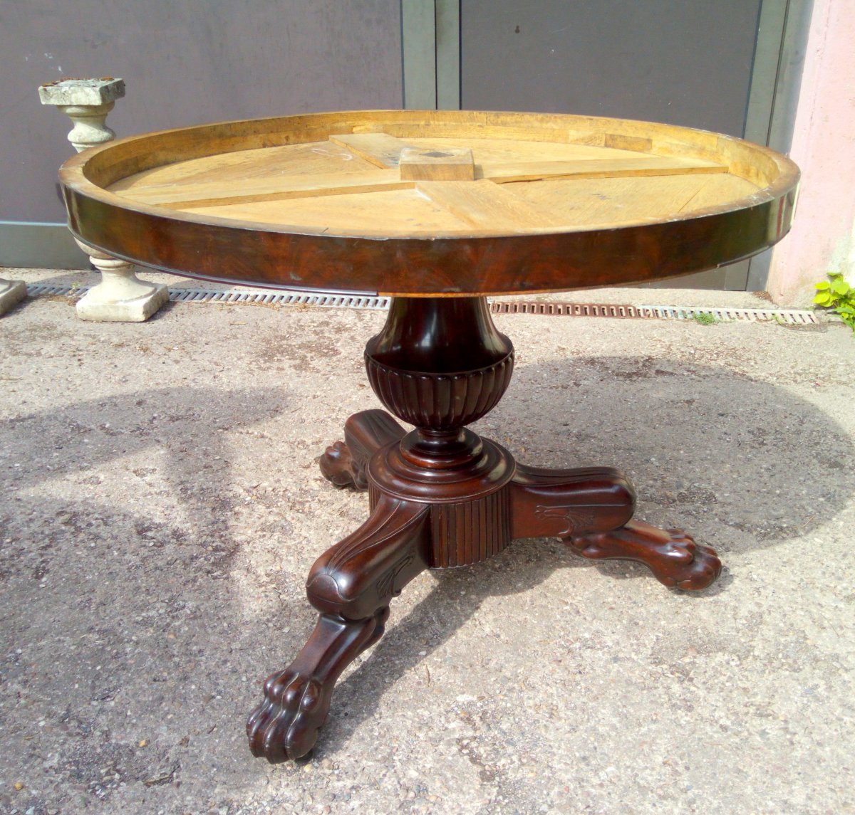 Gueridon Rond Pied Central 3 Pieds Griffes Napoleon III Placage Acajou Plateau Marbre-photo-2