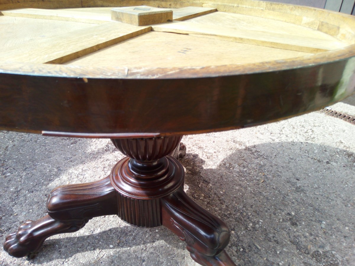 Gueridon Rond Pied Central 3 Pieds Griffes Napoleon III Placage Acajou Plateau Marbre-photo-5