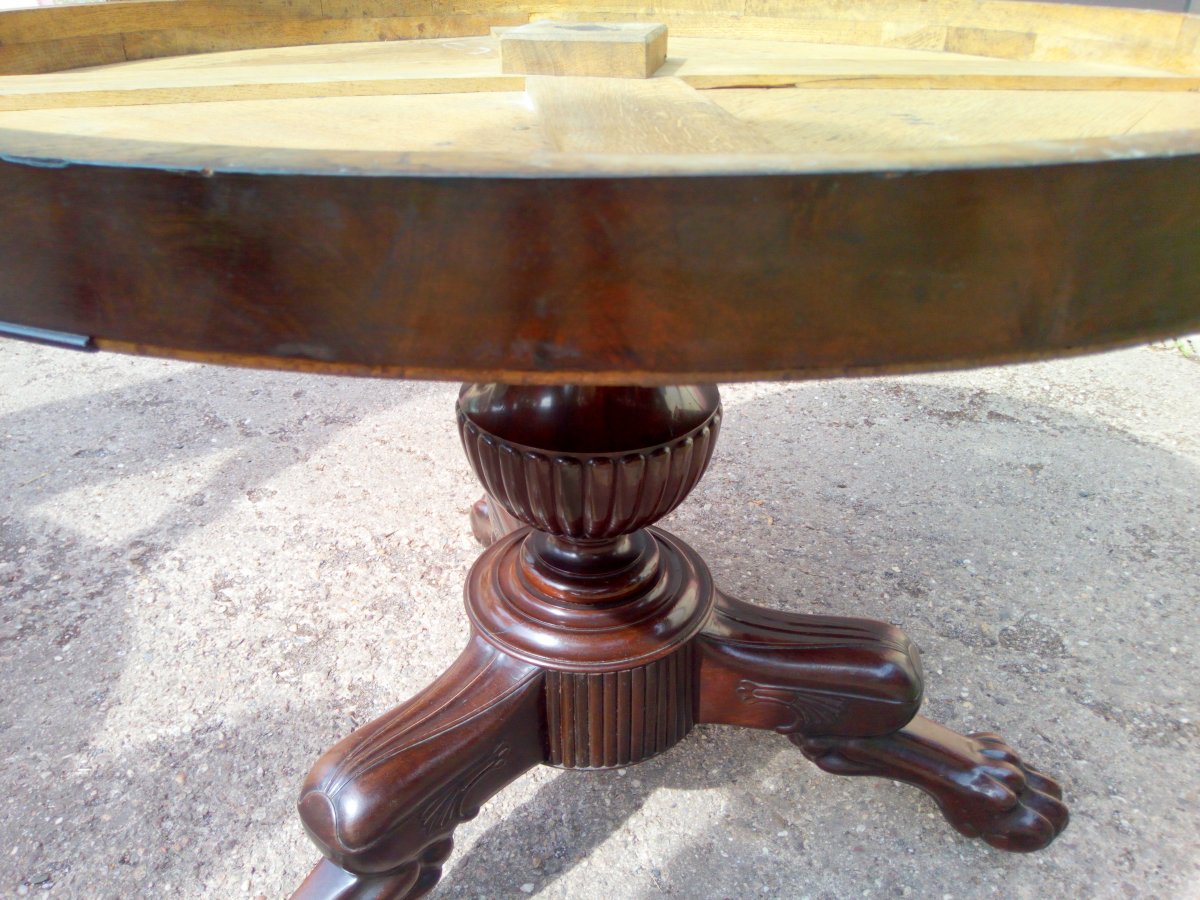 Gueridon Rond Pied Central 3 Pieds Griffes Napoleon III Placage Acajou Plateau Marbre-photo-6
