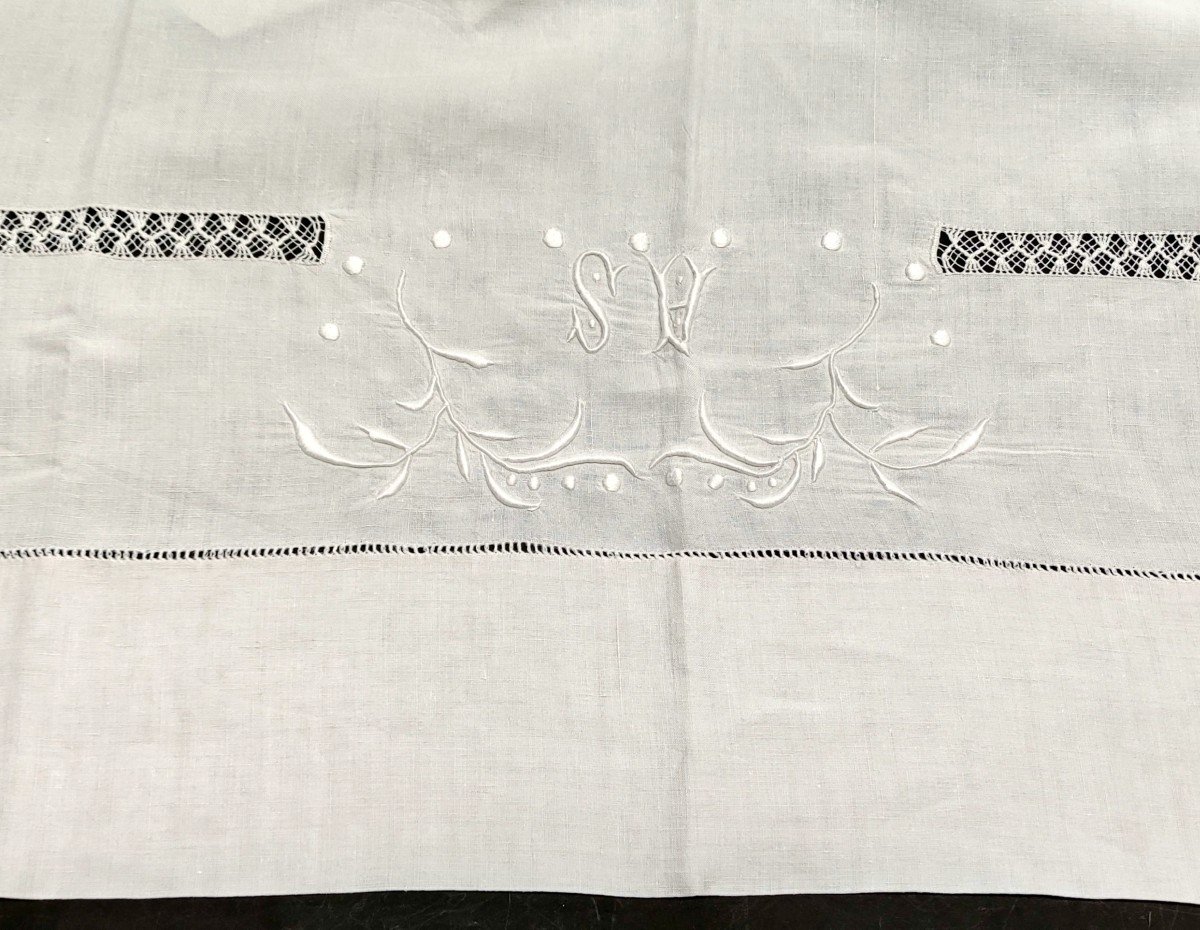 White Linen Thread Sheet 276x198 Monogram Sv Fleur Au Retour Handmade Embroidery