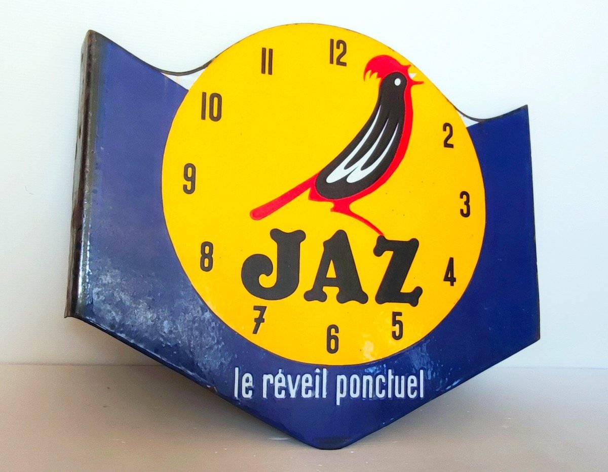 Jaz Le Reveil Ponctuel Double Sided Enameled Advertising Plaque Emaillerie Alsacienne Strasbourg-photo-2