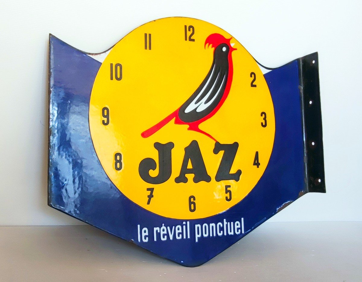Jaz Le Reveil Ponctuel Double Sided Enameled Advertising Plaque Emaillerie Alsacienne Strasbourg