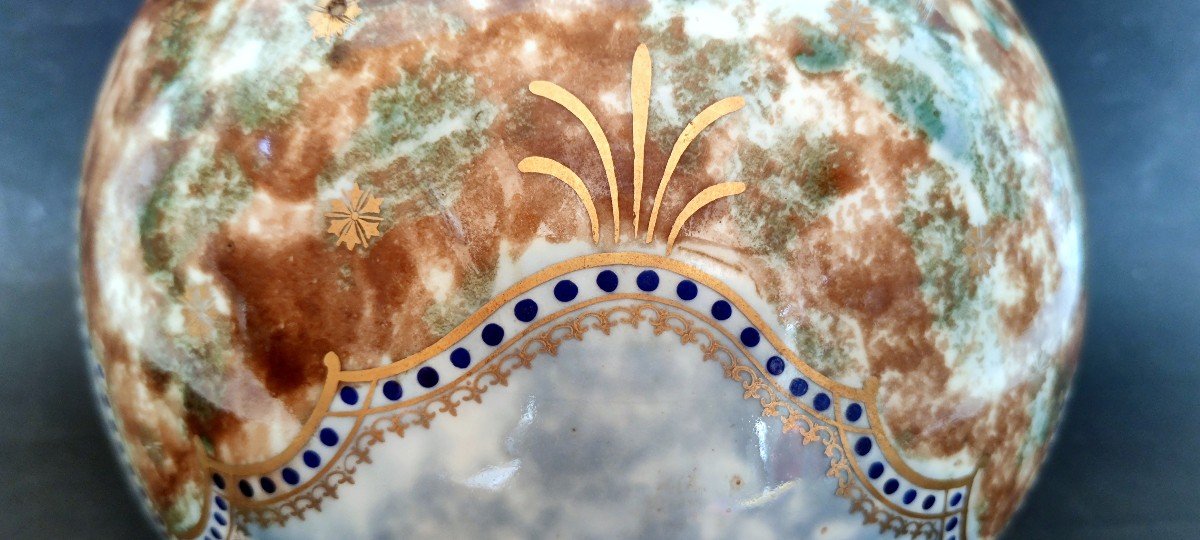 Vase Boule Art Deco Decorateur Tom Signe Mt Limoges Decor Polychrome Rehausse Or-photo-4