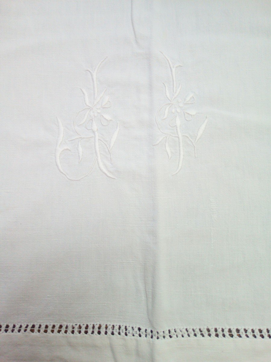 White Linen Sheet Embroidery Days Handmade Monogram Ji 332/184 Cm Old-photo-4