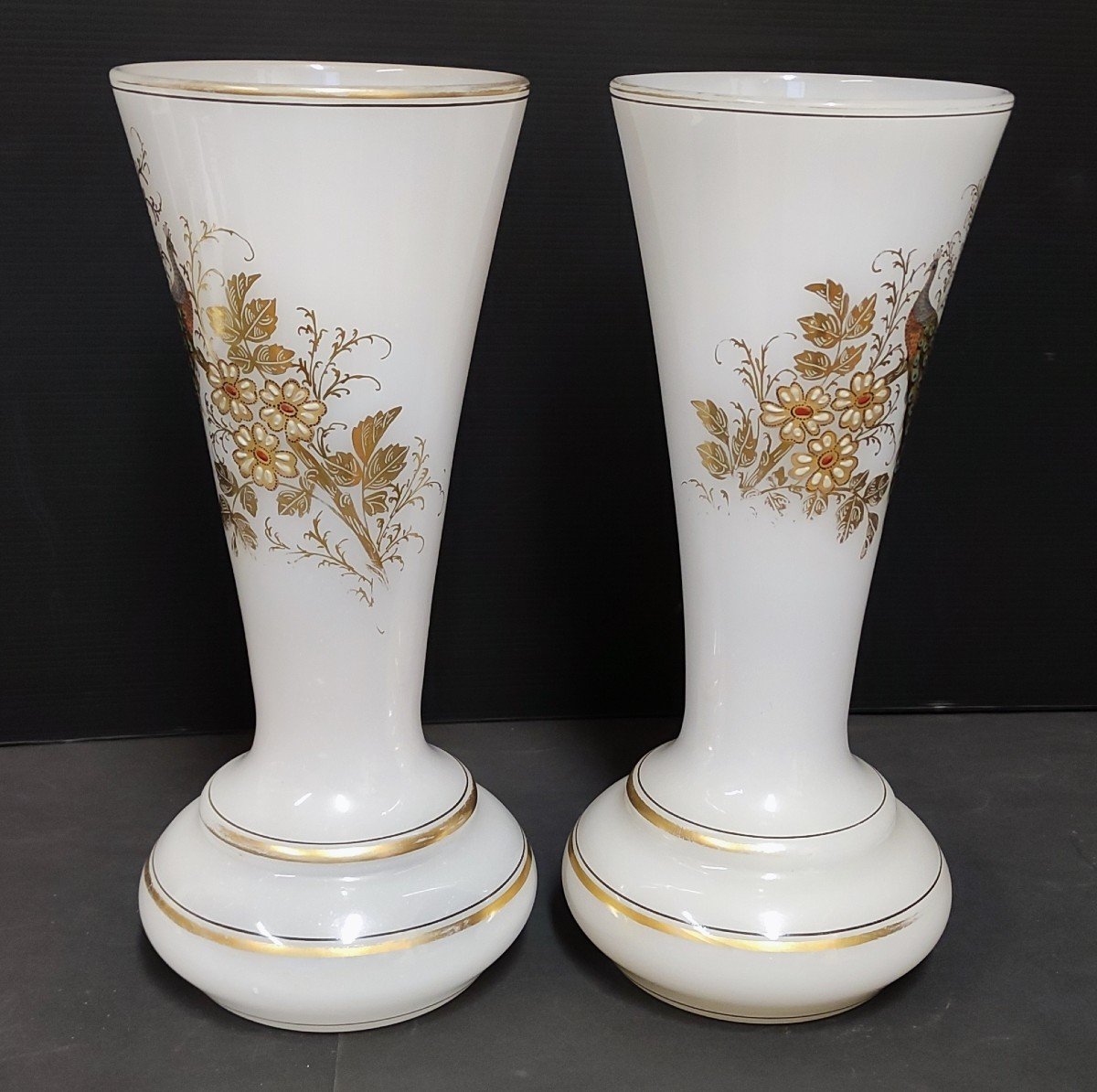 Pair Opaline Vase White Decor Peacock Emaille Epoque Napoleon III XIXth-photo-2