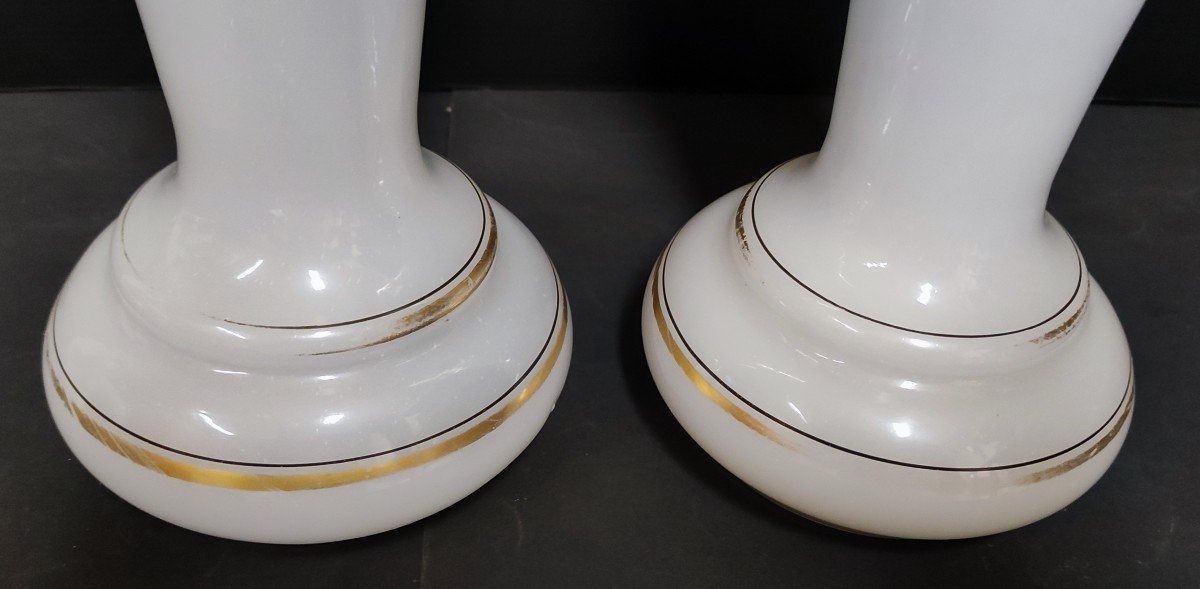 Paire Vase Opaline Blanc Decor Paon Emaille Epoque Napoleon III XIXème-photo-3
