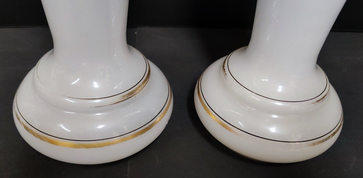Pair Opaline Vase White Decor Peacock Emaille Epoque Napoleon III XIXth-photo-3