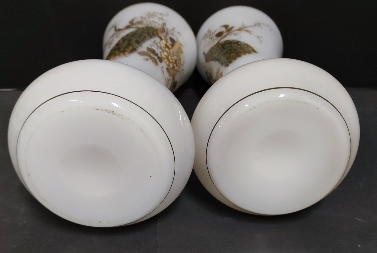Pair Opaline Vase White Decor Peacock Emaille Epoque Napoleon III XIXth-photo-4