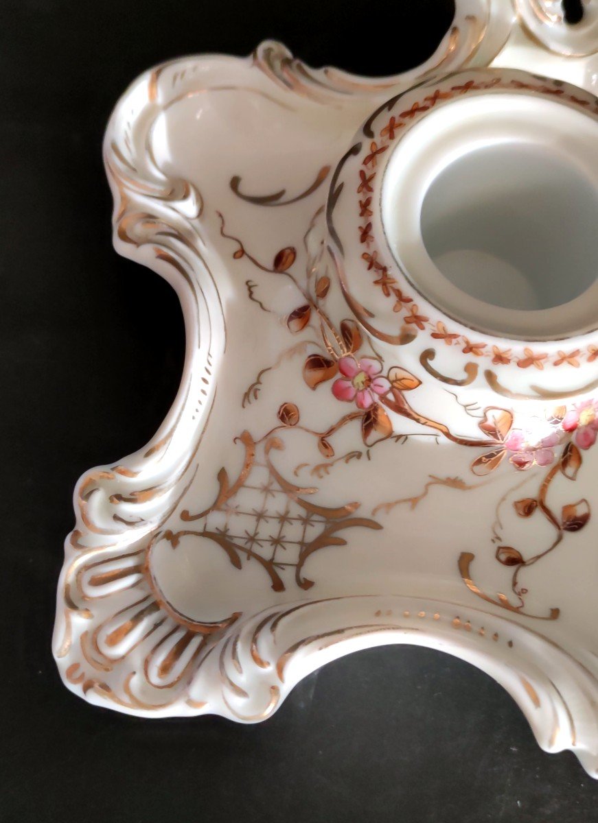 Encrier Double Porcelaine De Paris Decor Fleur Et Papillon Signe Ancien-photo-1