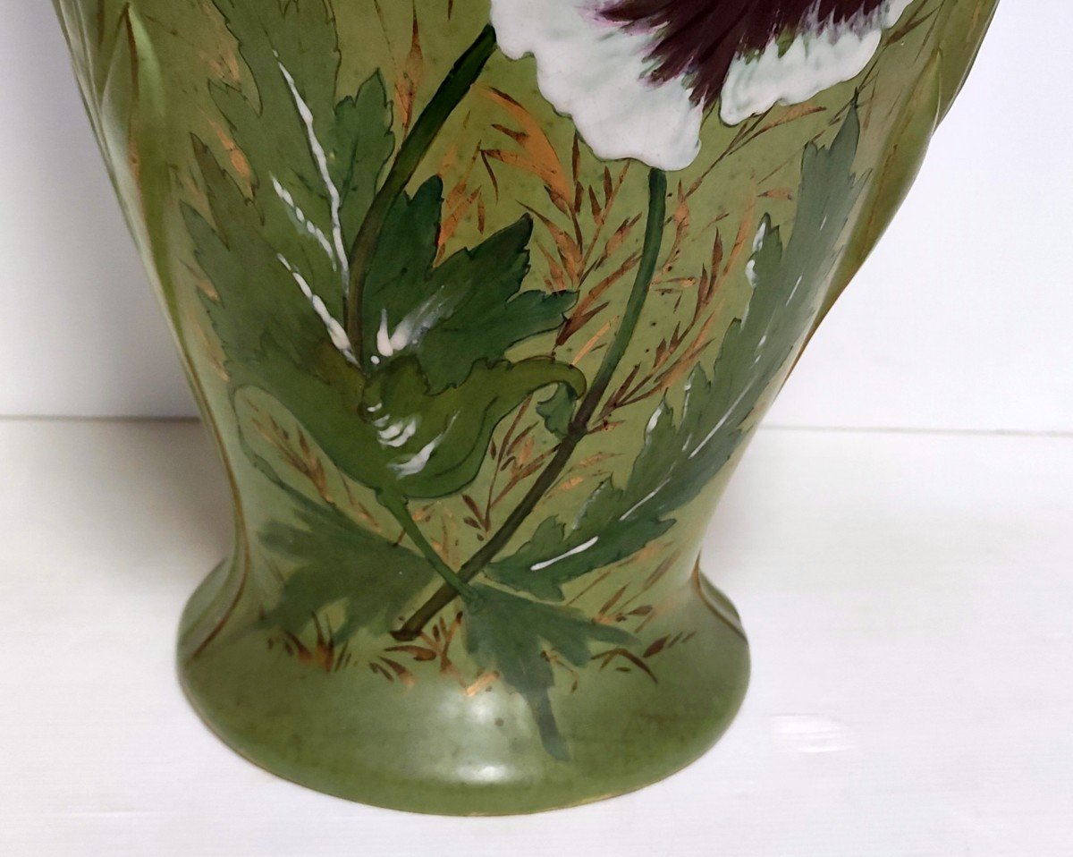 Grand Vase Amphore Faience Emaillee Majolica Decor Pavot Marque 568 Art Nouveau-photo-3
