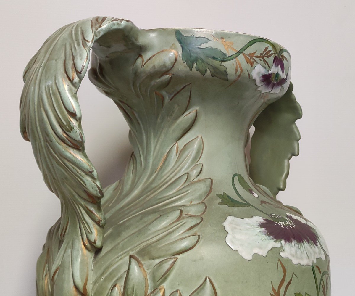 Grand Vase Amphore Faience Emaillee Majolica Decor Pavot Marque 568 Art Nouveau-photo-4