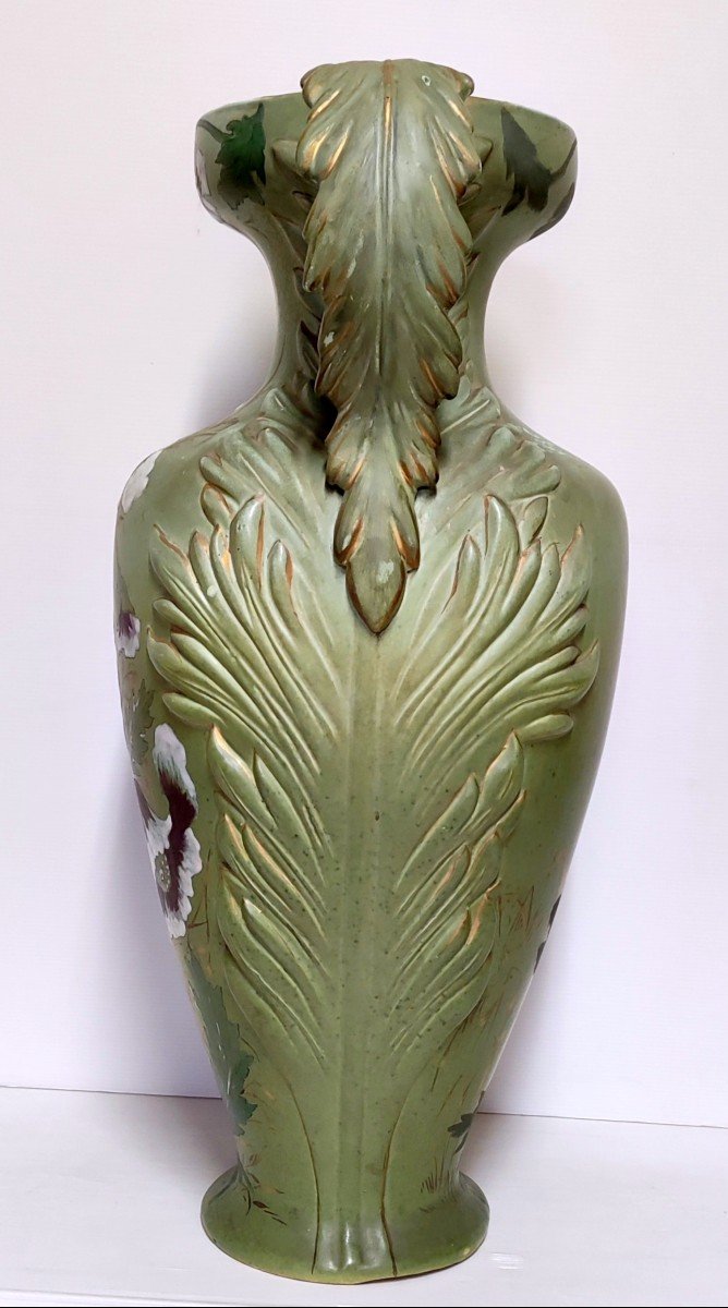 Grand Vase Amphore Faience Emaillee Majolica Decor Pavot Marque 568 Art Nouveau-photo-5