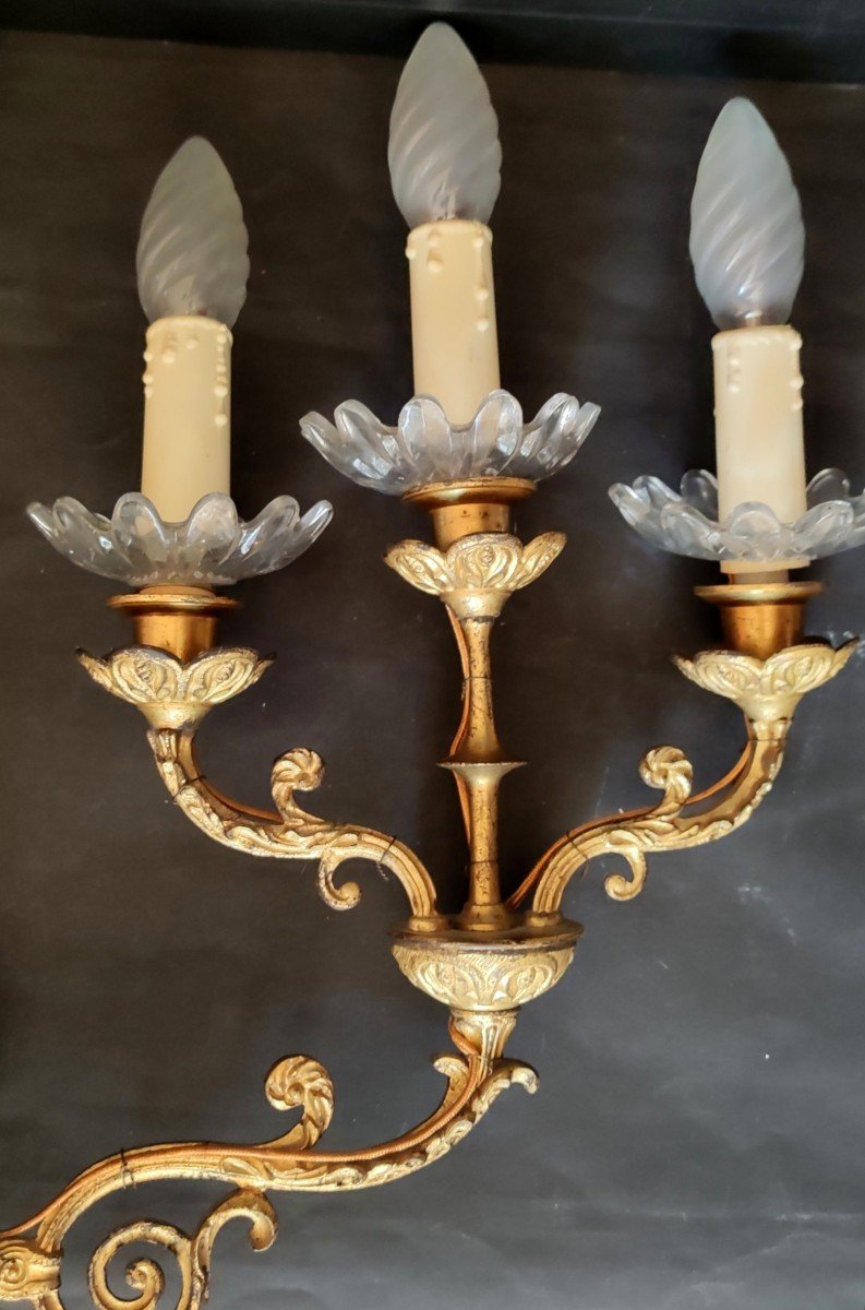 Paire Applique Torchere 6 Branches Style Louis XV Bronze Et Laiton XIXè-photo-3