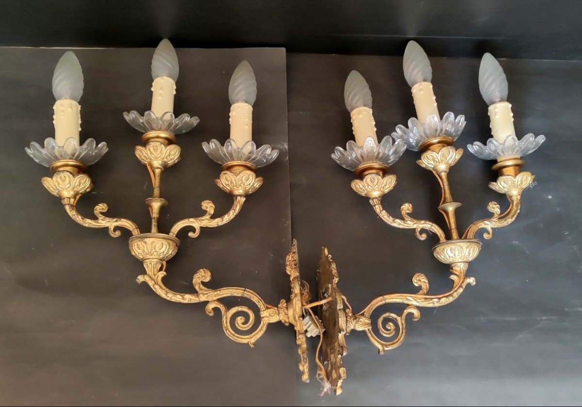 Paire Applique Torchere 6 Branches Style Louis XV Bronze Et Laiton XIXè