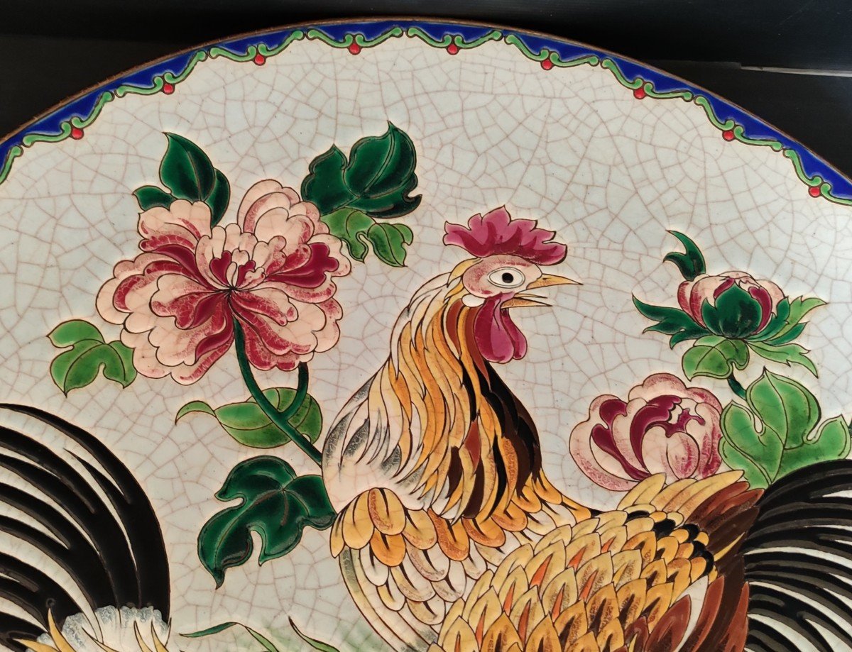 Large Dish Enamels Longwy France Decor Pavanes Rooster 47 Cm Limited Edition N° 21-photo-2