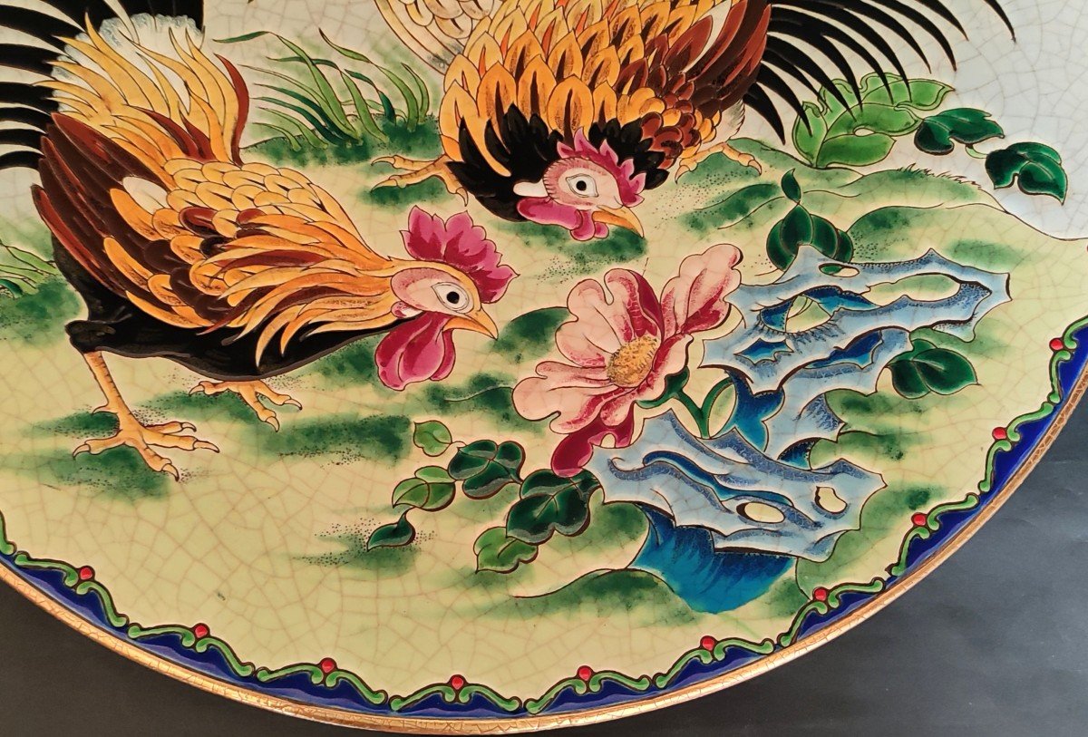 Large Dish Enamels Longwy France Decor Pavanes Rooster 47 Cm Limited Edition N° 21-photo-3
