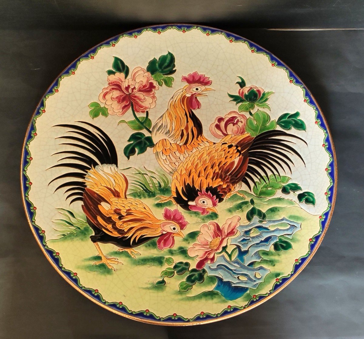 Large Dish Enamels Longwy France Decor Pavanes Rooster 47 Cm Limited Edition N° 21