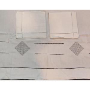 Parure Lit Lin Blanc Drap Avec Retour+2 Taies Broderie Jours Venise Art Deco