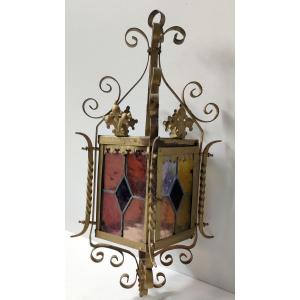 Multicolored Stained Glass Lantern Mounting Wrought Iron Painted Dore Nineteenth