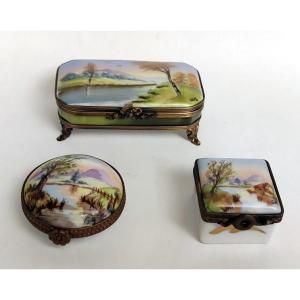 Lot 3 Boite A Pilules Decor Paysage Au Bord De L'Eau Peint Main Porcelaine Limoges G. Ribierre