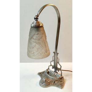 Bronze Nickel Tulip Glass Press Fruit And Flower Art Deco Relief Desk Lamp