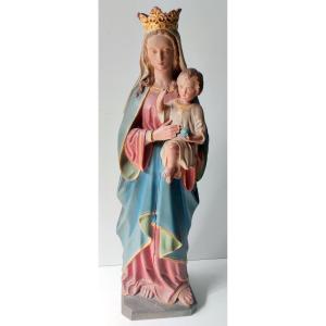 Statue Vierge A l'Enfant Bois Sapin Polychrome XIXè Ht 66 Cm Religieux