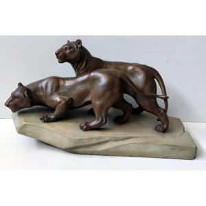 Statue Sculpture 2 Lionesses Terracotta Bronze Patina Signed Leo Amaury Art Deco