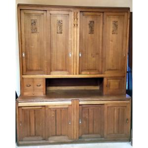 Large Office Cabinet With 9 Doors And 3 Drawers, Solid Oak, Art Deco Style, Ideal For A Loft