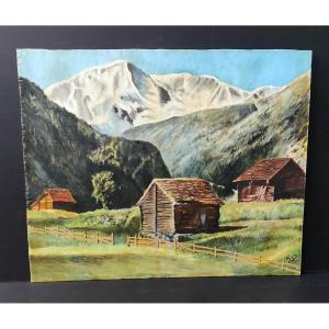 TABLEAU PEINTURE A L'HUILE PAYSAGE DE MONTAGNE SIGNE RG