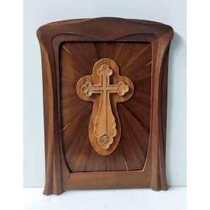 Religious Painting Mahogany Cross Wood Carved In Relief Art Nouveau