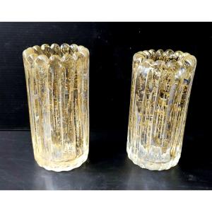 PAIRE DE VASE VERRE SOUFFLE MURANO INCLUSION DE FEUILLES D'OR 1950