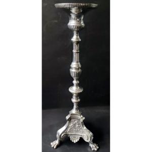 PIQUE CIERGE CANDELABRE D'EGLISE BRONZE ARGENTE XIXè STYLE LOUIS XV BASE TRIPODE PIEDS GRIFFES