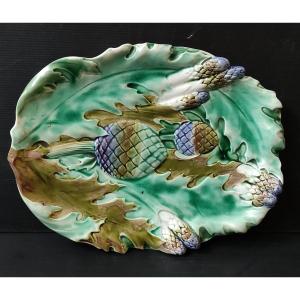 Asparagus And Artichoke Plate, Majolica Barbotine, Kg, Luneville, 19th Century