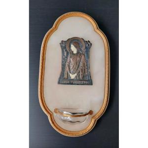 BENITIER VIERGE MARIE RELIGIEUX ONYX BRONZE SIGNE L.O. MATTEI ART NOUVEAU