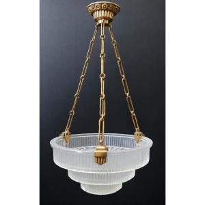 LUSTRE VASQUE A GRADINS VERRE DEPOLI MONTURE BRONZE MAYNADIER HANOTS ART DECO