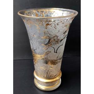 VASE VERRE GIVRE GRANITE DEGAGE A L'ACIDE DECOR OISEAUX OR ET ARGENT ART DECO