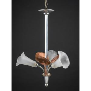 LUSTRE 3 TULIPES DEPOLI FLEUR ARUM MONTURE METAL CHROME FEUILLE ARUM CUIVRE ART DECO