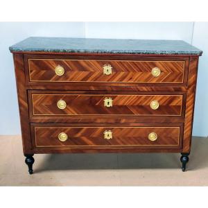 Marquetry Commode 3 Drawers Louis XVI Style Walnut Nineteenth Marble Top