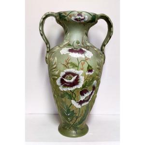Grand Vase Amphore Faience Emaillee Majolica Decor Pavot Marque 568 Art Nouveau