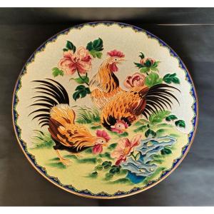 Grand Plat Emaux Longwy France Decor Pavanes Coq 47 Cm Edition Limite N° 21