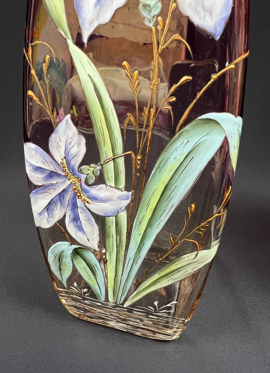 Pair Of Enameled Glass Vases With Iridescent Floral Decoration - Legras (attributed To)-photo-5