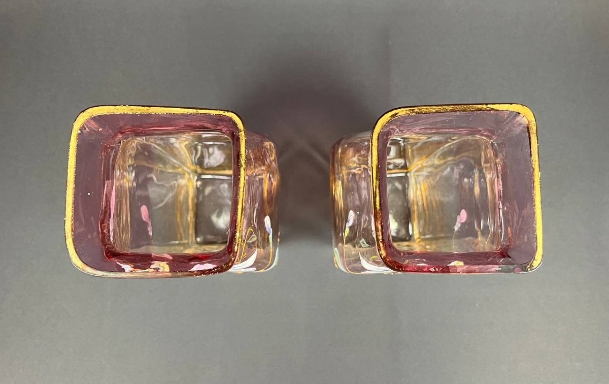 Pair Of Enameled Glass Vases With Iridescent Floral Decoration - Legras (attributed To)-photo-6