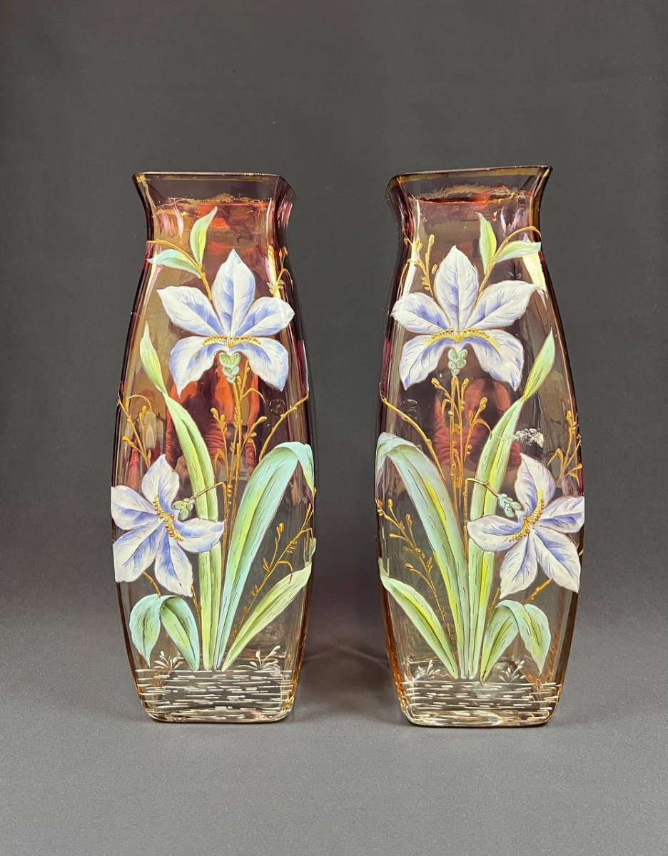 Pair Of Enameled Glass Vases With Iridescent Floral Decoration - Legras (attributed To)