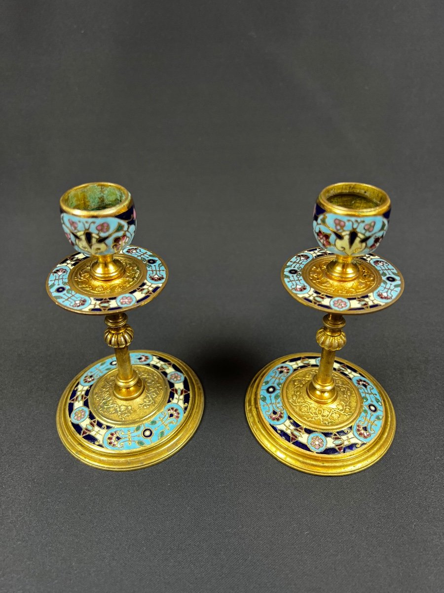 Pair Of Gilt Bronze Candlesticks With Cloisonné Enamel Decor. 19th Century. H. 13 Cm.-photo-2