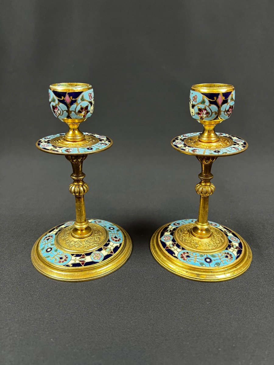 Pair Of Gilt Bronze Candlesticks With Cloisonné Enamel Decor. 19th Century. H. 13 Cm.-photo-3