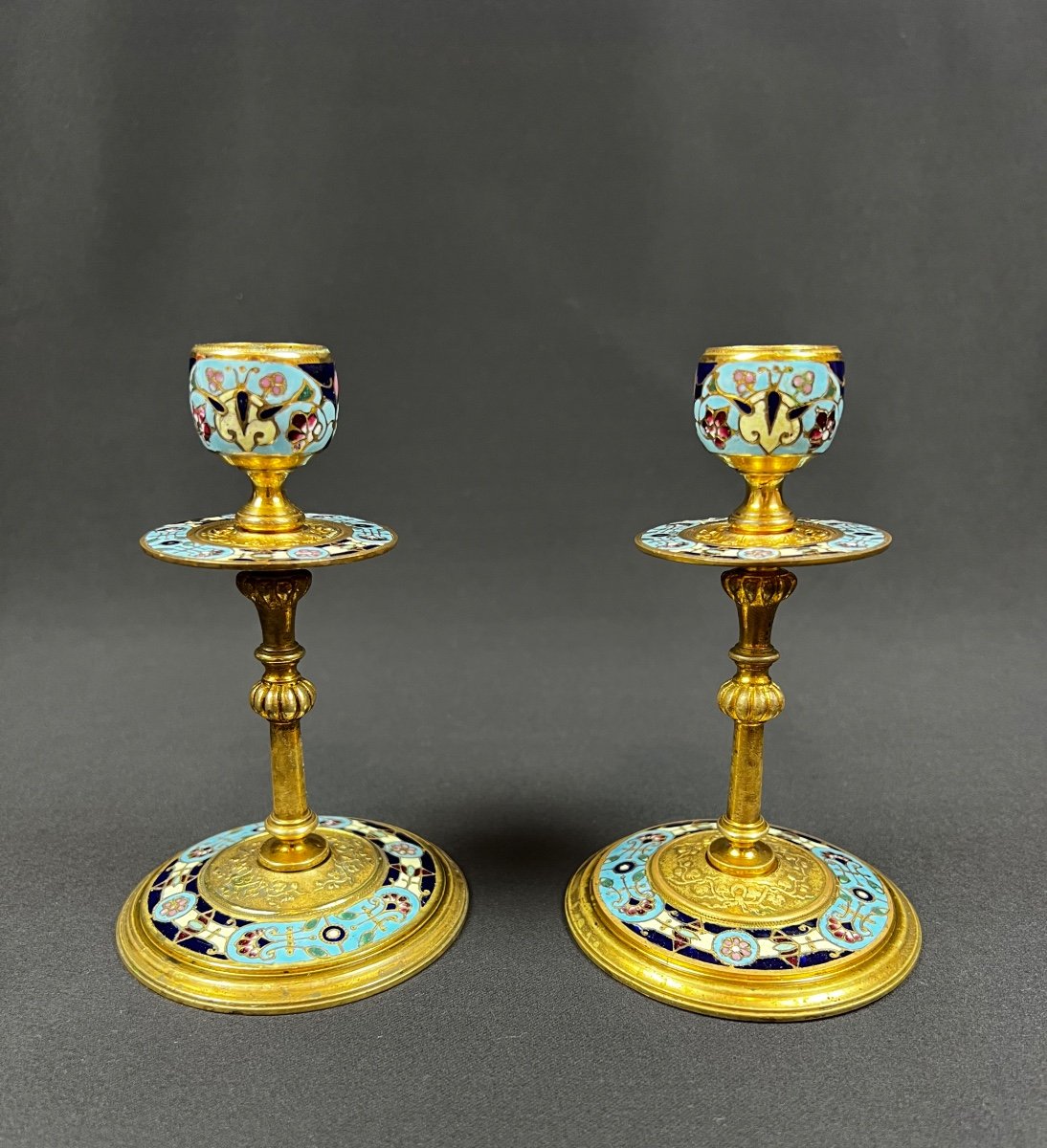 Pair Of Gilt Bronze Candlesticks With Cloisonné Enamel Decor. 19th Century. H. 13 Cm.