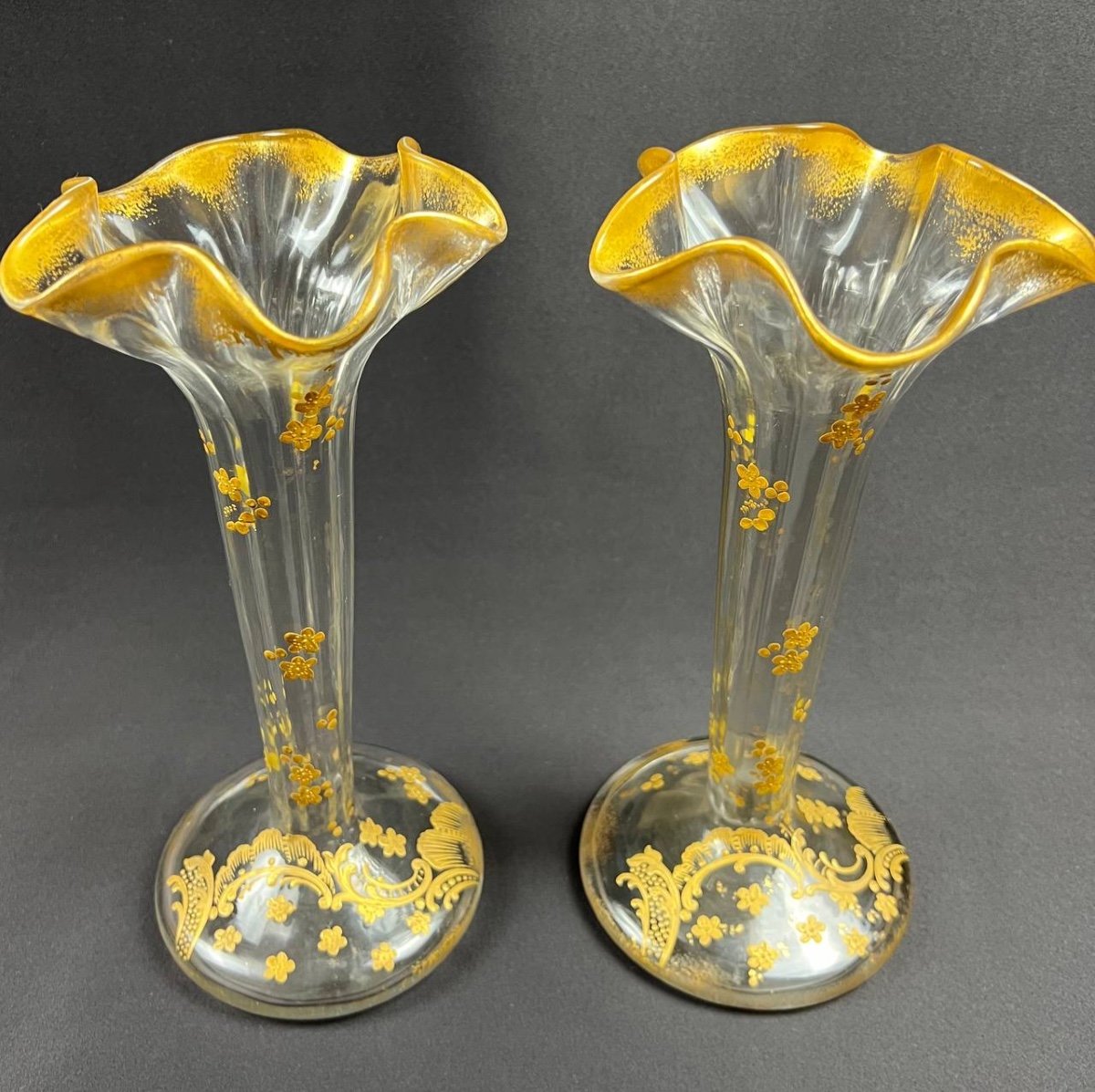 Pair Of Vases. Old Baccarat, Circa 1890, Gold H. 25 Cm-photo-1